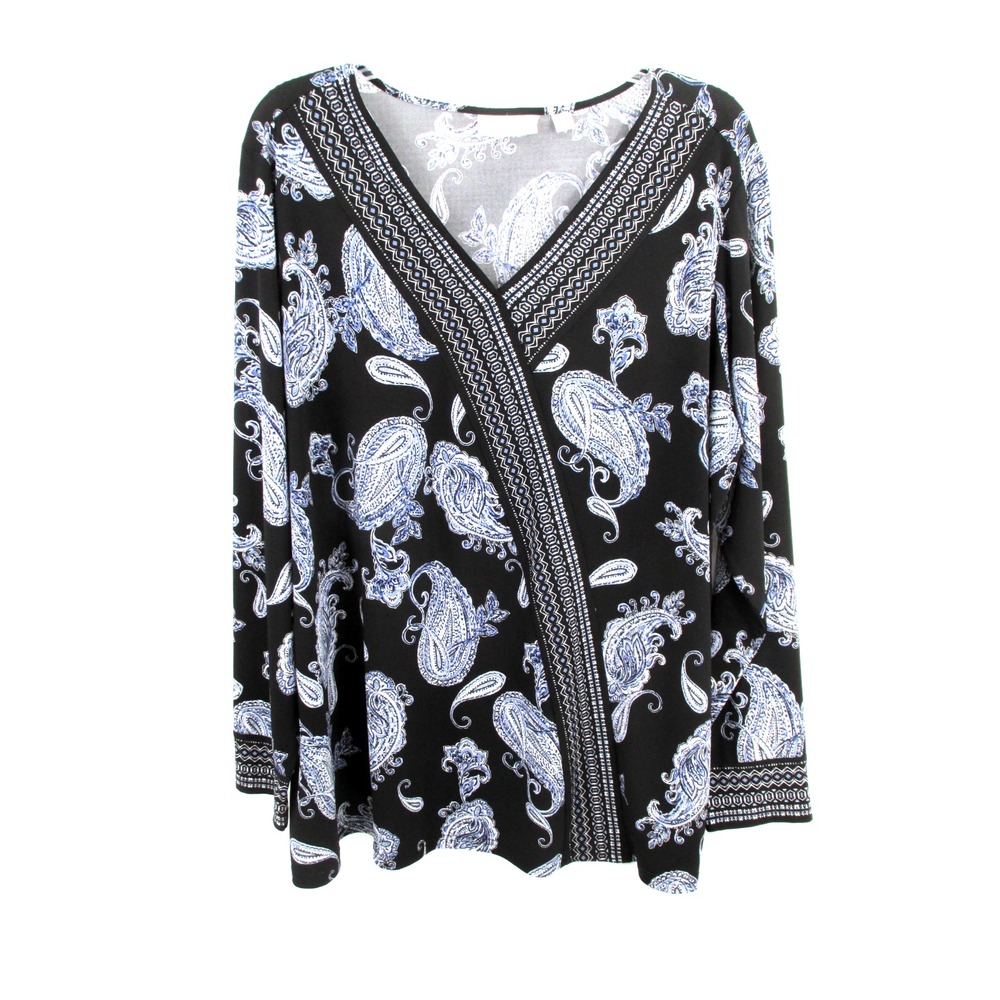 Belle Kim Gravel Pullover Tunic Top Blouse Women 1X Black Paisley Boho Mosaic